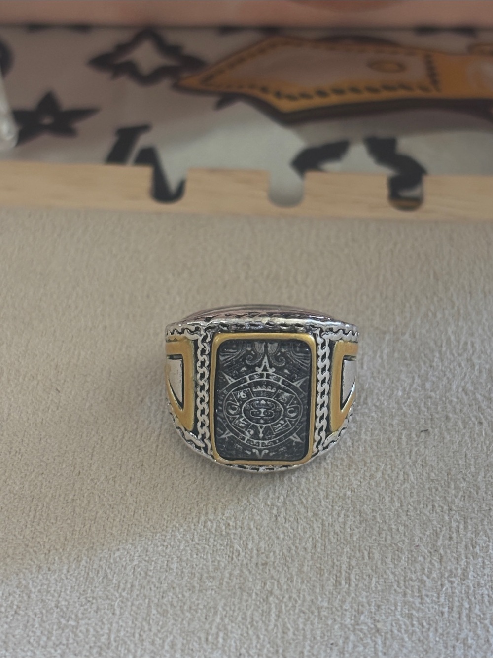 Two-Tone Men's Signet Ring with Aztec Medallion - Black and Gold Size 8